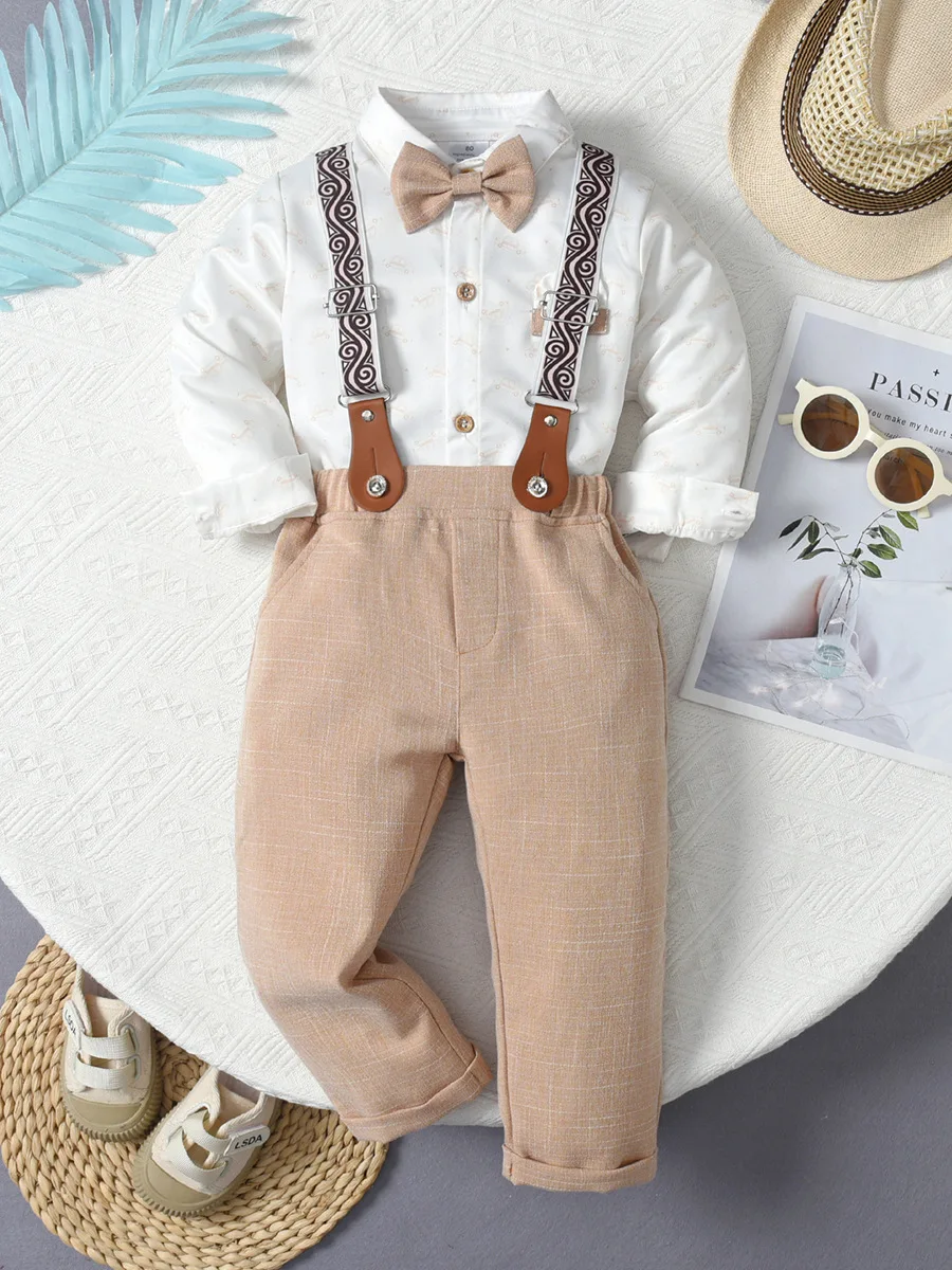 Hot Sale Handsome Boys Clothing Sets Vintage Suspenders Spring Autumn Long Sleeve Suits for Birthday Party Evening Performance