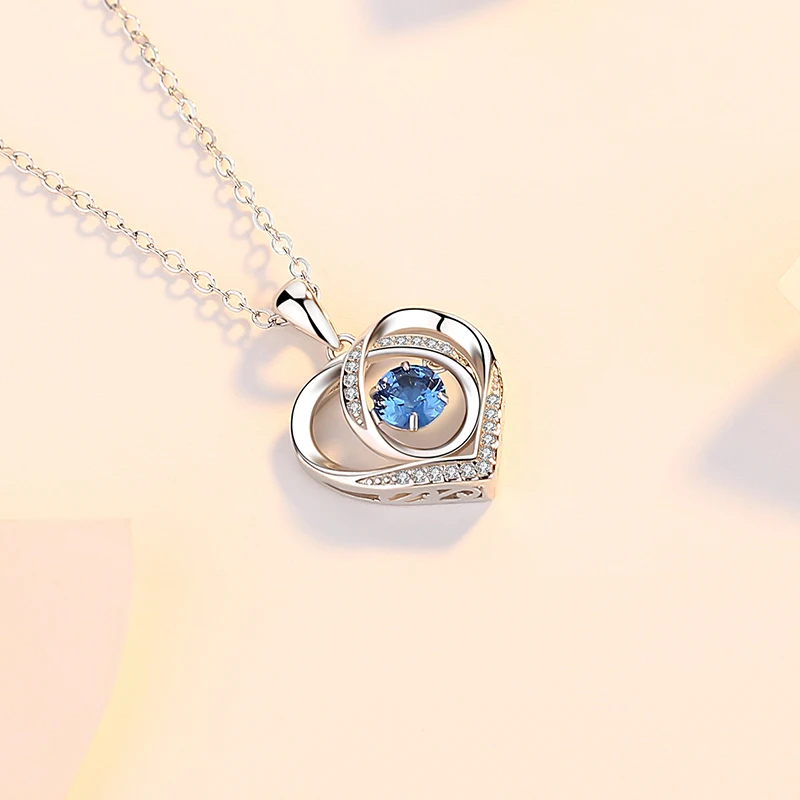 Exquisite Women Charm Necklace Jewelry 925 Sterling Silver Pave Blue CZ Zircon Love Heart Pendant Necklaces