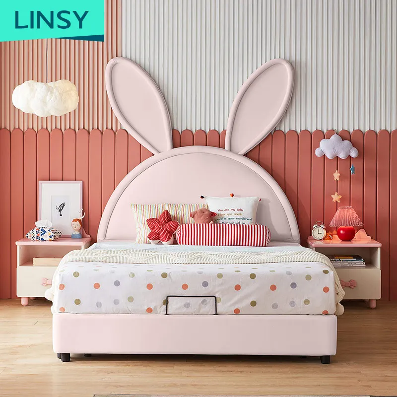 Linsy розовые кроватки для детей односпальные деревянные модные современные детские кожаные кровати девочек принцессы