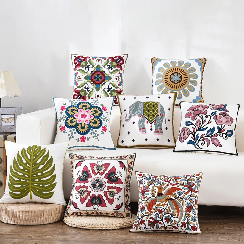 Bohemian Style Embroidery Throw Pillow Cover Canvas Flower Embroidery Cushion Cover for Home Decor