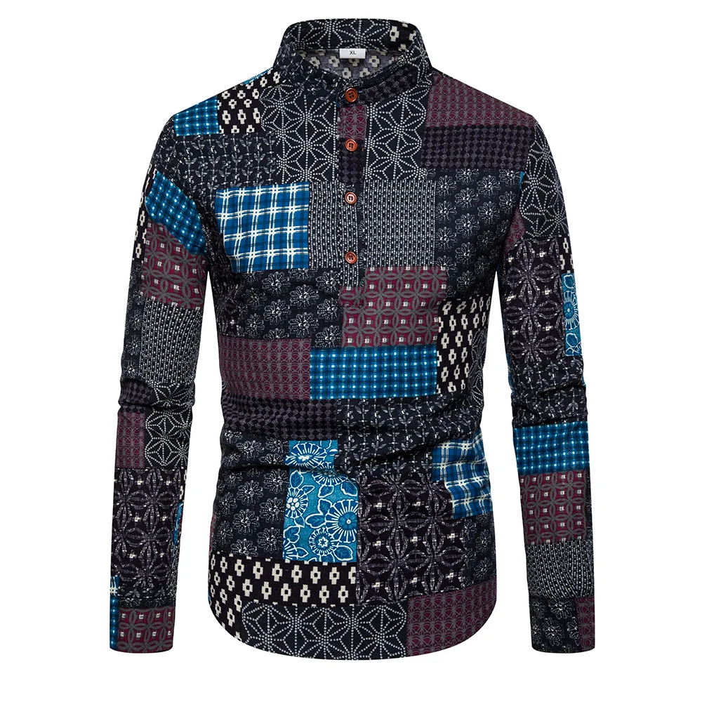 Оптовая продажа, Европейская и американская зимняя стильная Этническая Мужская Повседневная модная рубашка с длинным рукавом и изображением разбитого цветка