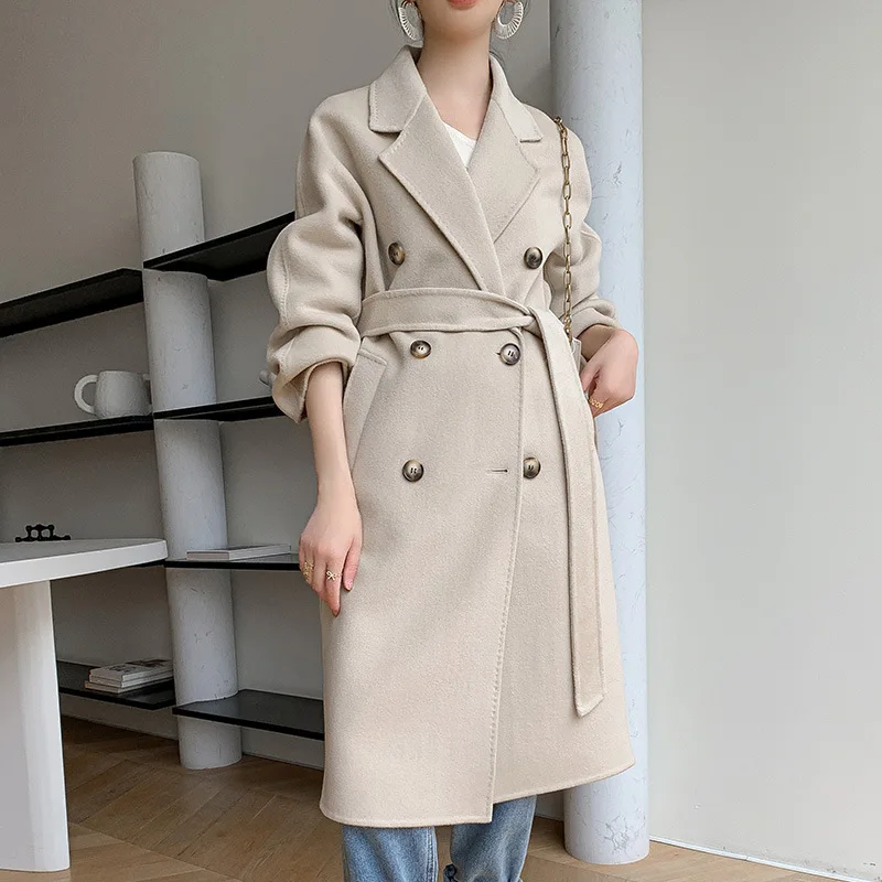 New double-sided woolen coat for women in winter 2025, high-end double breasted slimming woolen coat