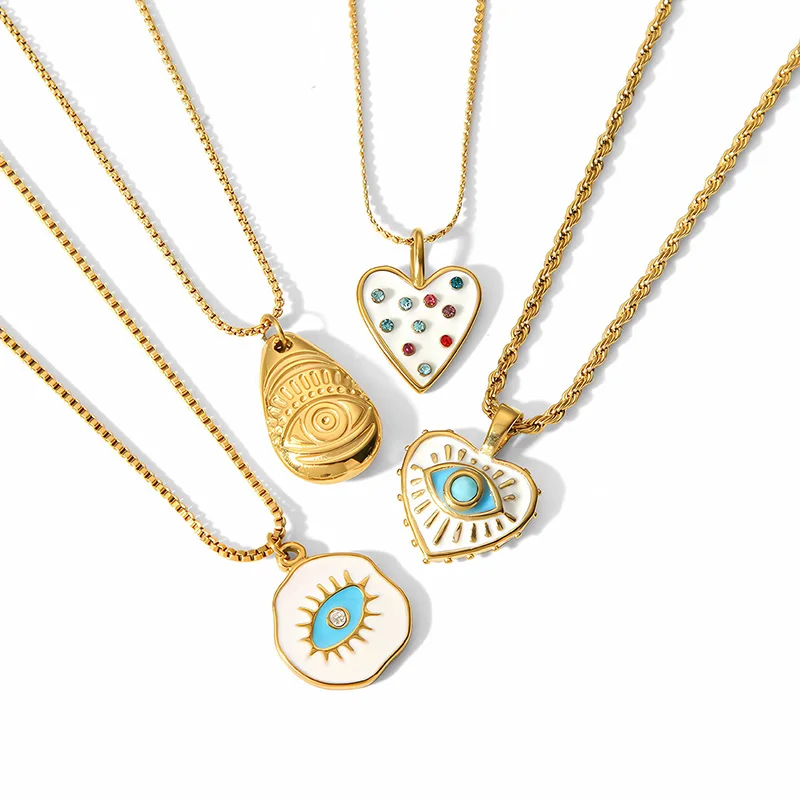 CZ Peach Heart Dainty Necklace With Twist Chain Turkey Jewelry Stainless Steel Enamel Pendant Evils Eye Necklace