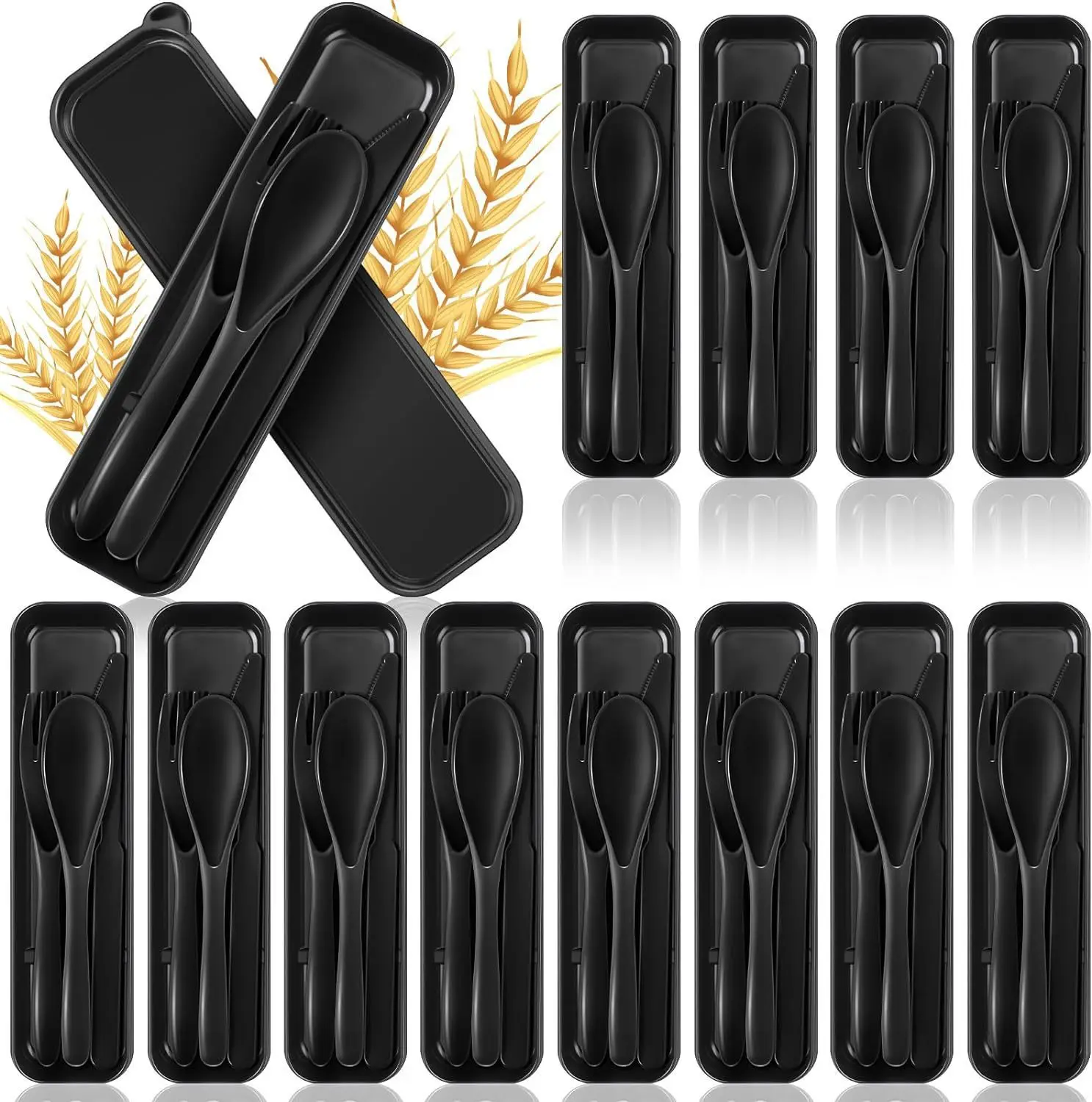 Wheat tableware three-piece portable tableware wheat straw knife, fork and spoon tableware gift suit Black