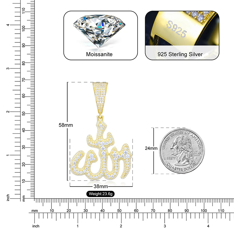 Dropshipping Iced Out Moissanite Allah Pendant 18K Gold Plated 925 Sterling Silver VVS Diamond Men Jewelry Hip Hop Style Charm