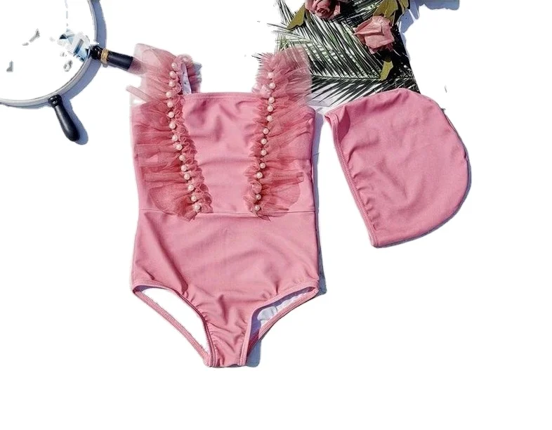 Ruffles Flounce Pearl One Piece Jumpsuit Beach Princess Skirt Bathing Suit Kid Swimsuit Baby Girls Swimwear