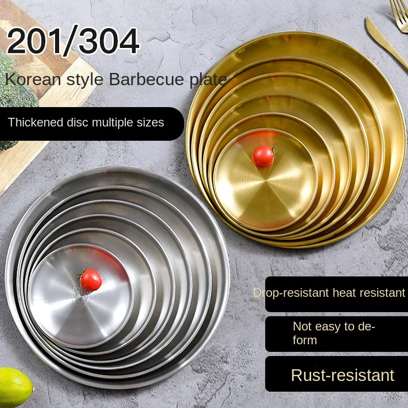 Serving Tray Dinner Plates Storage Plate Cake Dish Gold Round Dessert Stainless Steel Silver Camping Restaurant 9inch 23cm Gold