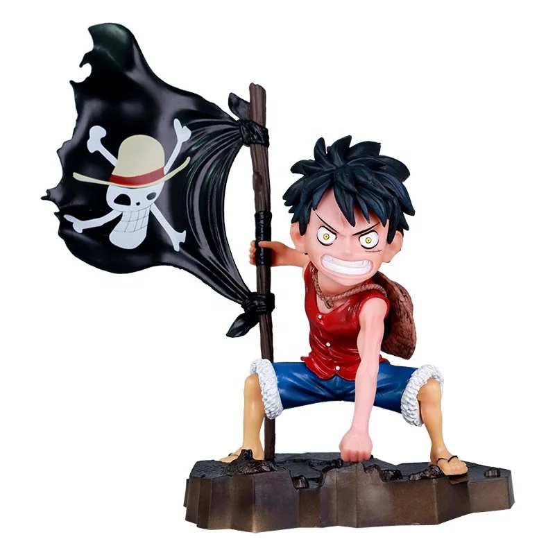 Figuras de Wholesale Japanese anime characters Q version of Straw Hat Luffy cute squatting pirate flag Luffy PVC activity dolls