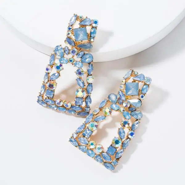 Fashion Vintage Alloy Big blue Acrylic Earrings Diamond Rhinestone Gold Geometric square dangle Earrings Jewelry For Girls