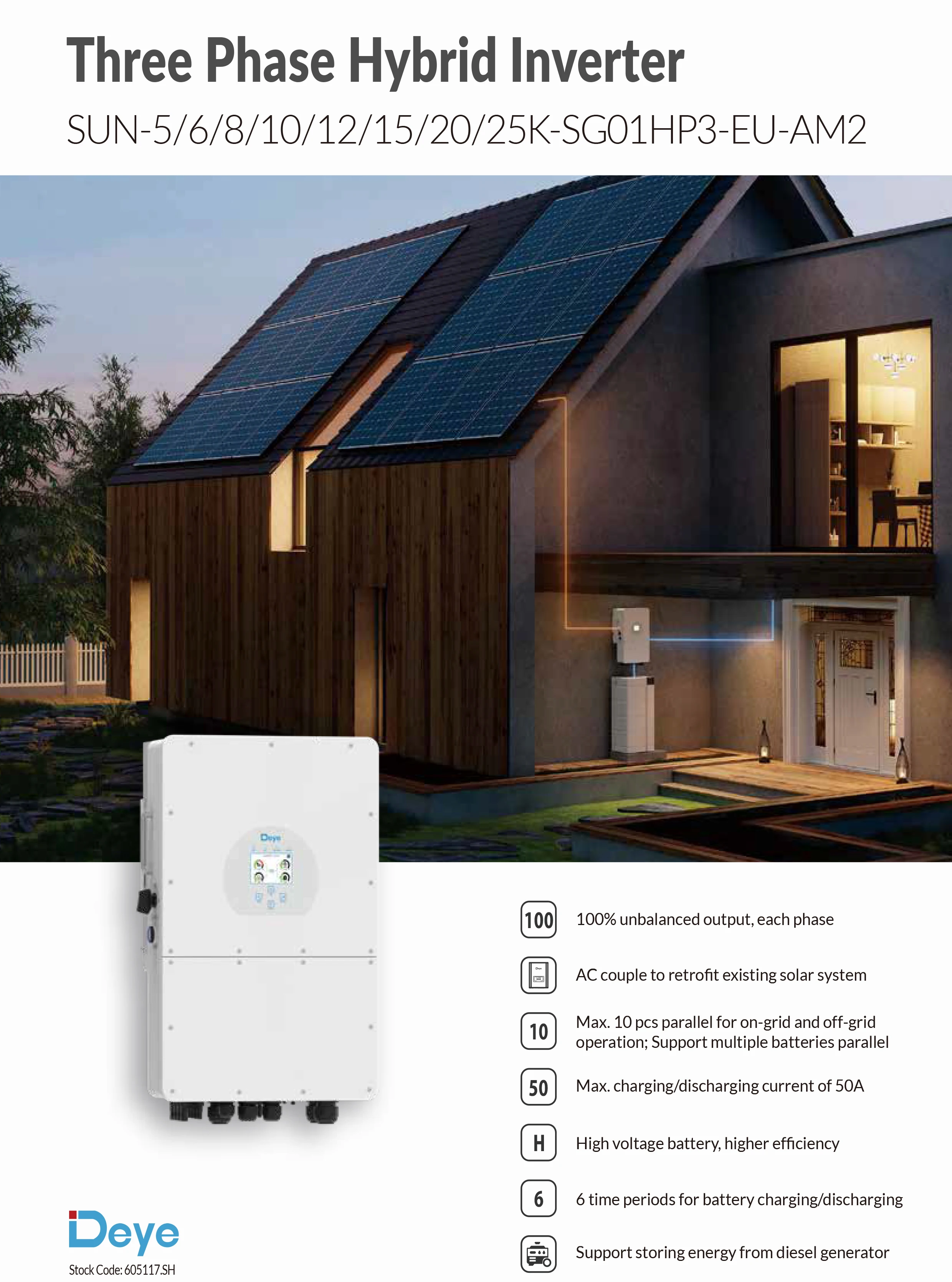 Deye трехфазный 5 кВт 6 8 10 sun-25k-sg01hp3-eu-am2 Гибридный инвертор пакет 12 15 20 25 включенный Солнечный