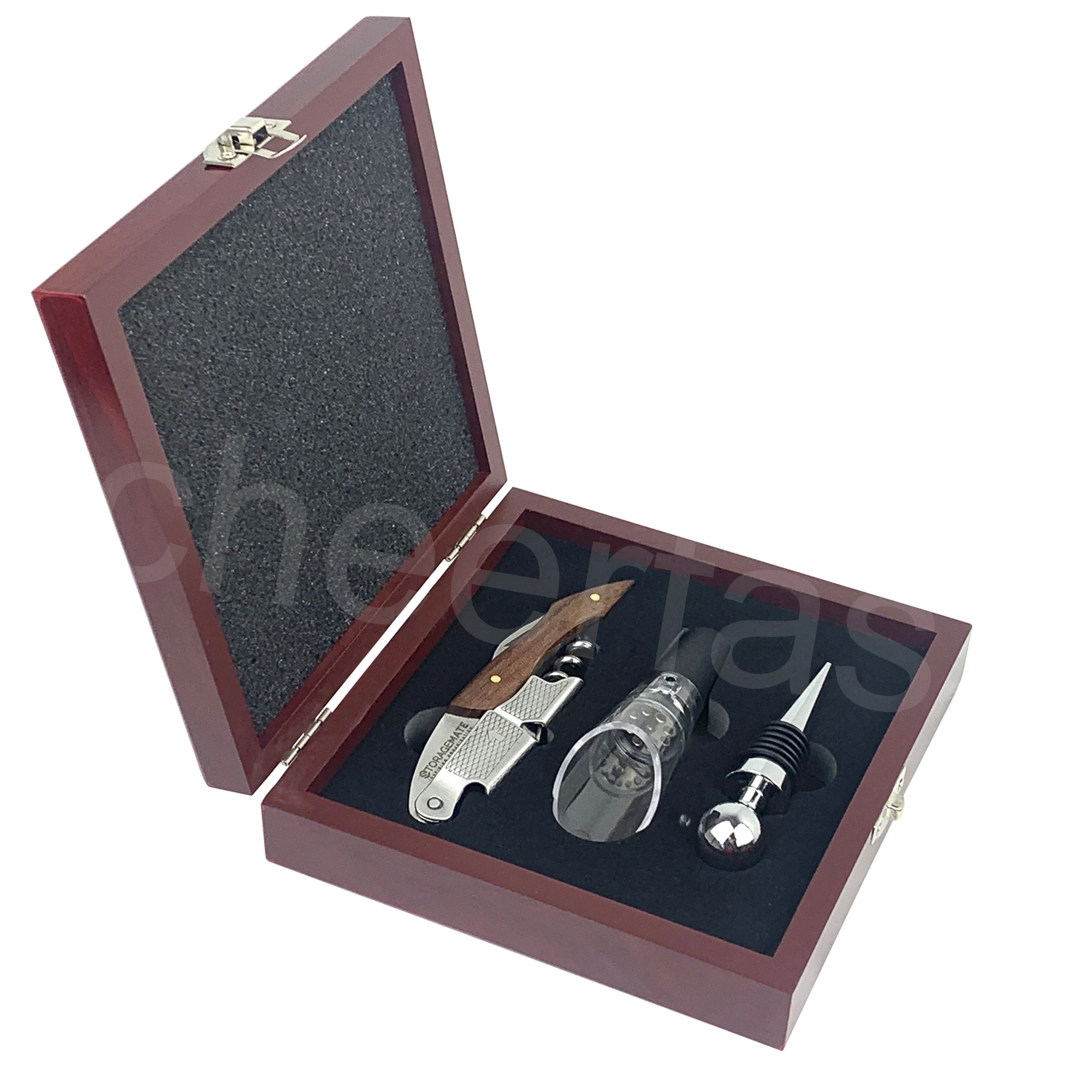 Customized Opener Wine Wood Handle Corkscrew And Stopper 3Piece Wooden Box Set Wine Accessories Gift Set Opener