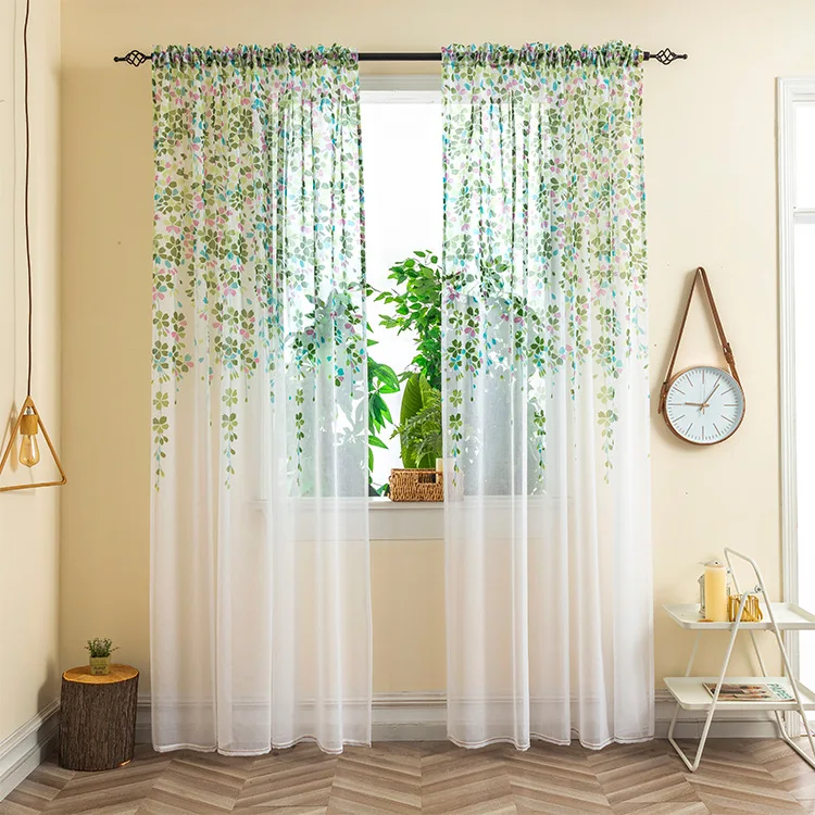 Amity Breathable Fluttering Flower Butterfly Printed Windows Curtains Bedroom Perforated Sheer Curtains For Home Living Room