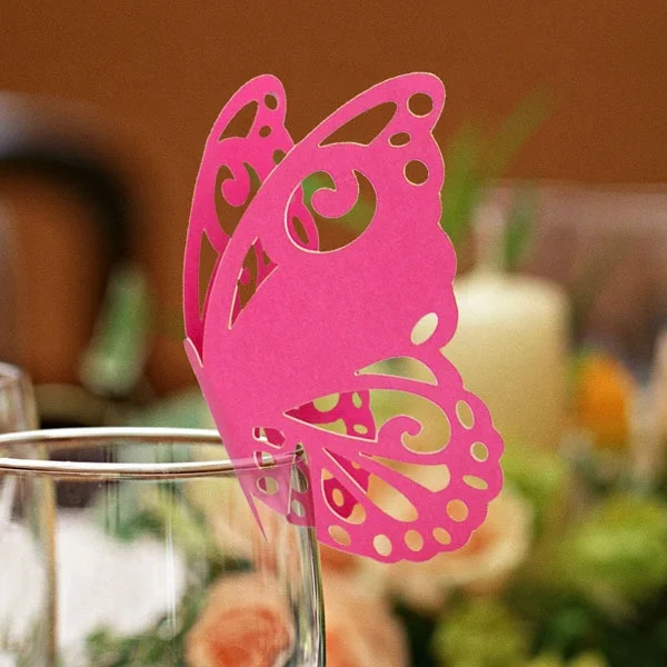 Butterfly Wine Glass Cards Name Place Cards Laser Cut Wine Cup Decoration Postcards Wedding Centerpieces Table Decoration (Pink)