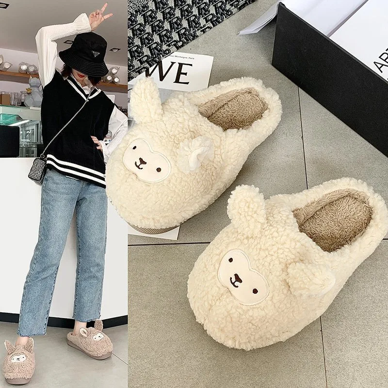 Wholesale plush big head ear home slippers cute Korean style plush warm flat cotton slippers