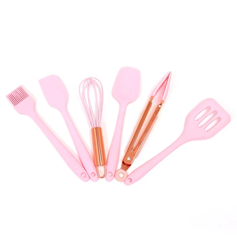 
2021 Latest popular classical pink customized color 6pcs silicone kitchen cookwares set bakewares set spatula whisk brush tong 
