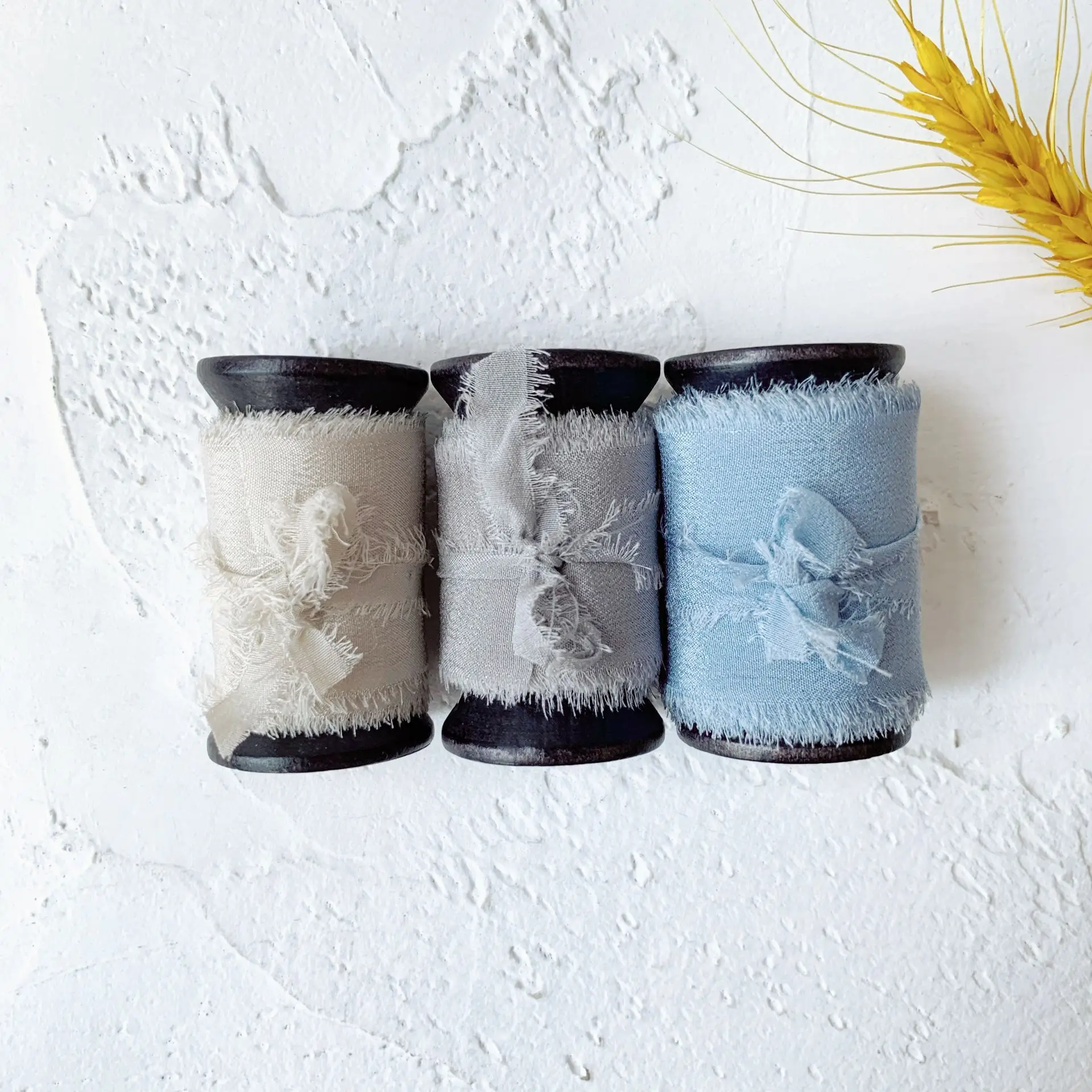 
3Rolls one Set 100% silk frayed edges ribbon ins style wedding silk ribbon woodenspools pure silk satin package ribbon wedding 