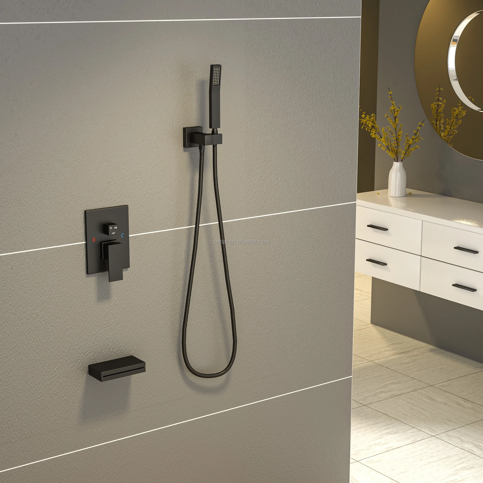 Black All Copper Square Flush Mounted Wall Shower Shower Set Three Function Embedded Shower Faucet