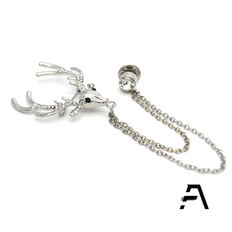 Sterling Silver Deer Head Rhinestone Crystal Men Shirt Chain Brooch Pin