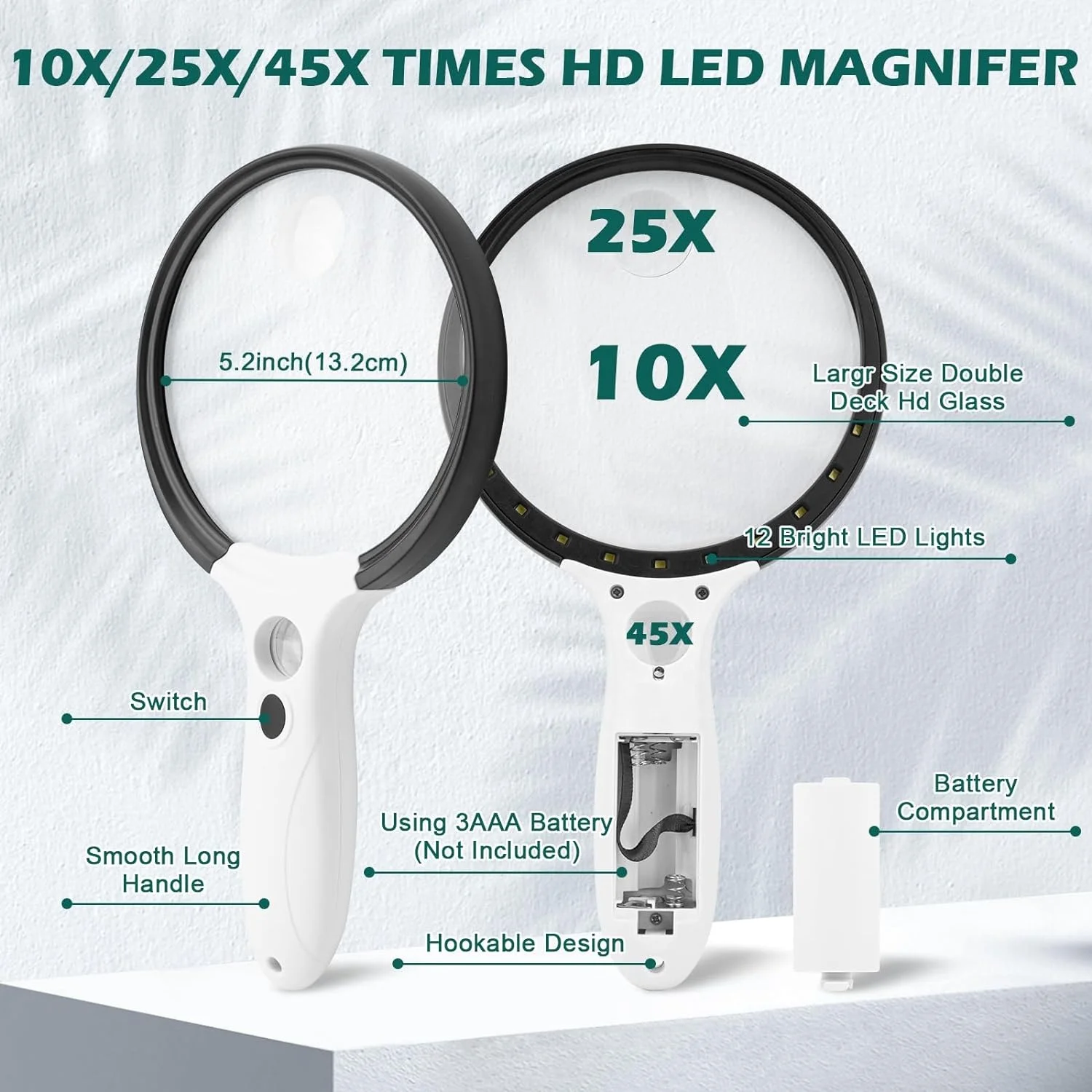 Large Magnifying Glass with Light, 10X 25X 45X Handheld Illuminated Magnifier with 3 Light Modes, 12 LED Lights for Reading