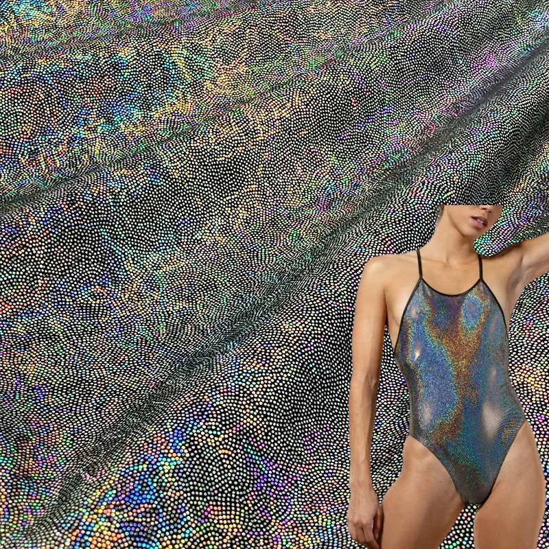 High quality elastic iridescent glitter holographic foil nylon spandex fabric for beachwear swimwear bathing suit