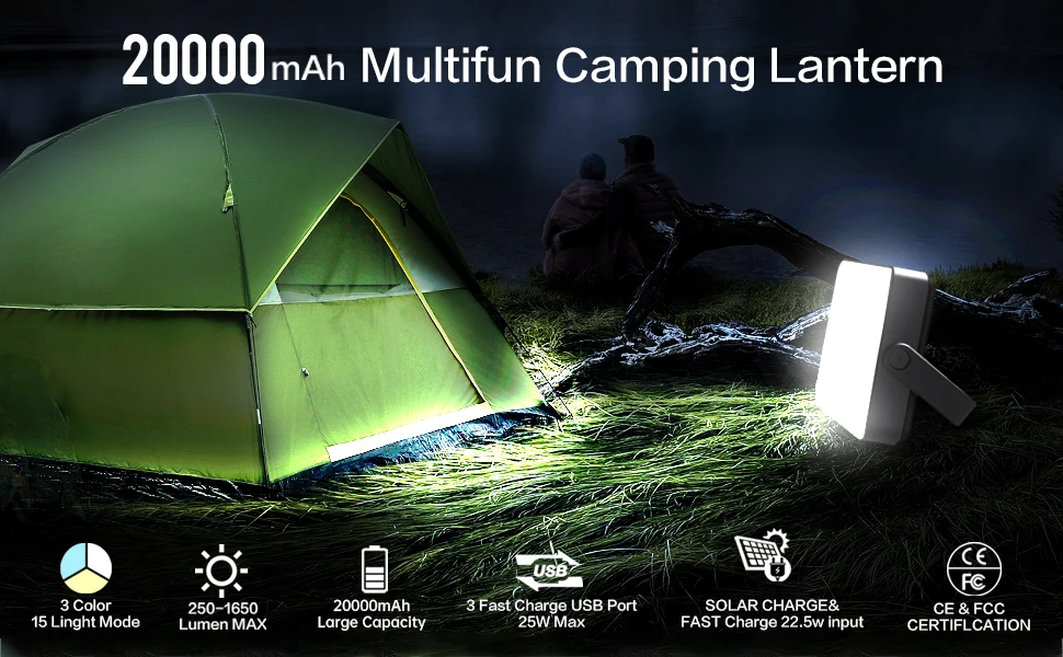 iMato Portable Outdoor Solar LED Camping Lantern Rechargeable 20000mAh PD22.5W QC3.0 Fast Charging Power Bank