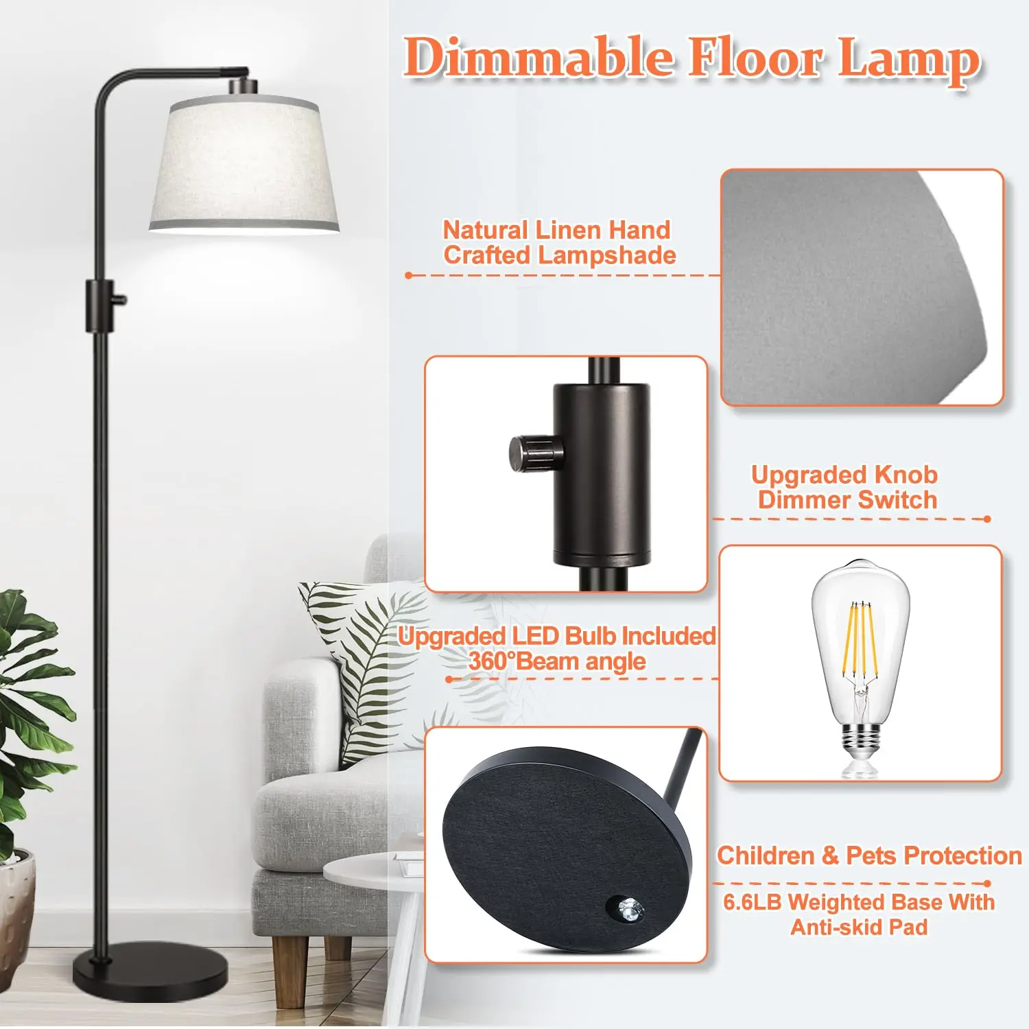 Adjustable Home Decor Dimmable Vintage Indoor Curved Standing Light Modern Metal Floor Lamps For Living Room Decor