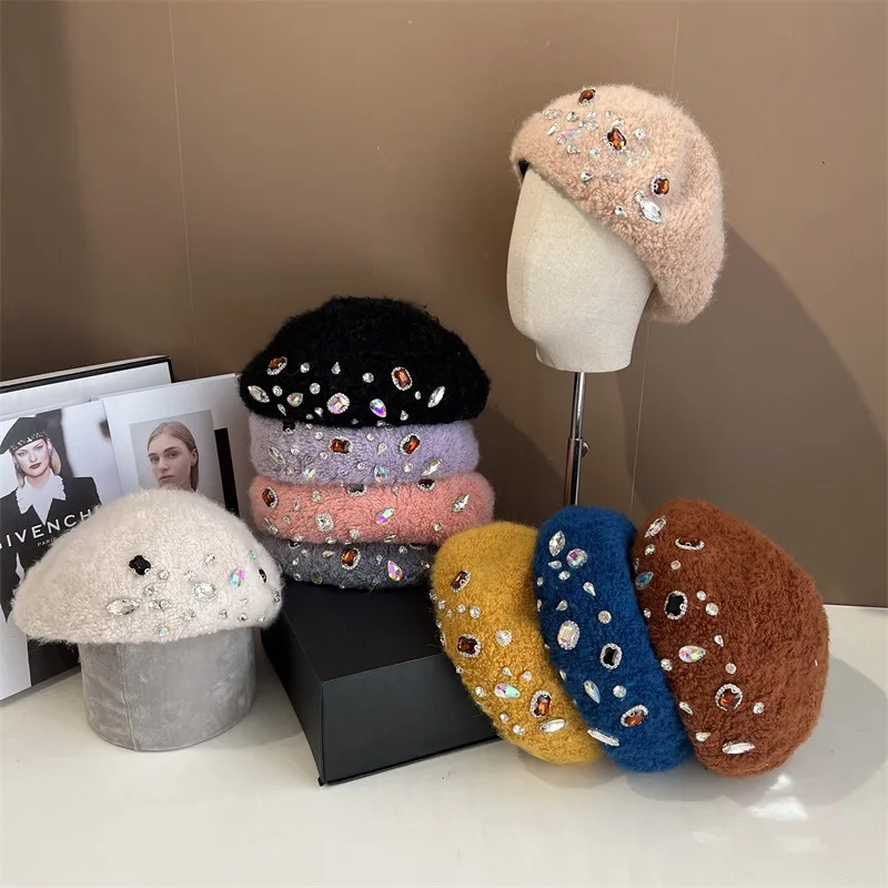 Модные женские береты, модные блестящие украшения, бриллиантовый шерстяной кашемировый берет со стразами для ужина
