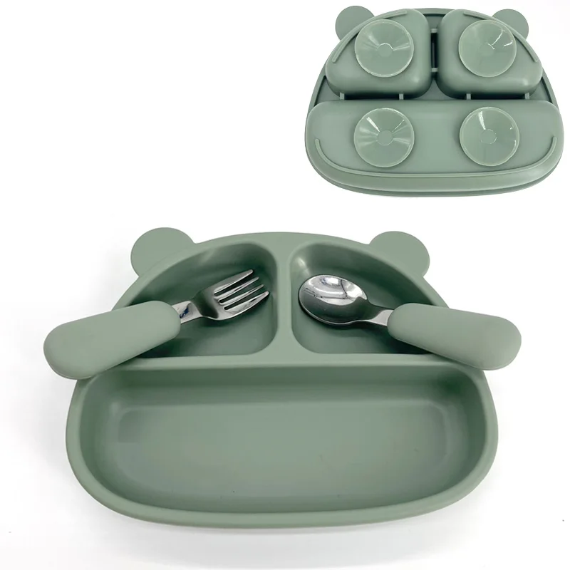 BPA-Free Food Grade Silicone Baby Plate in Animal Shape with Spoon Fork Straw for Kids