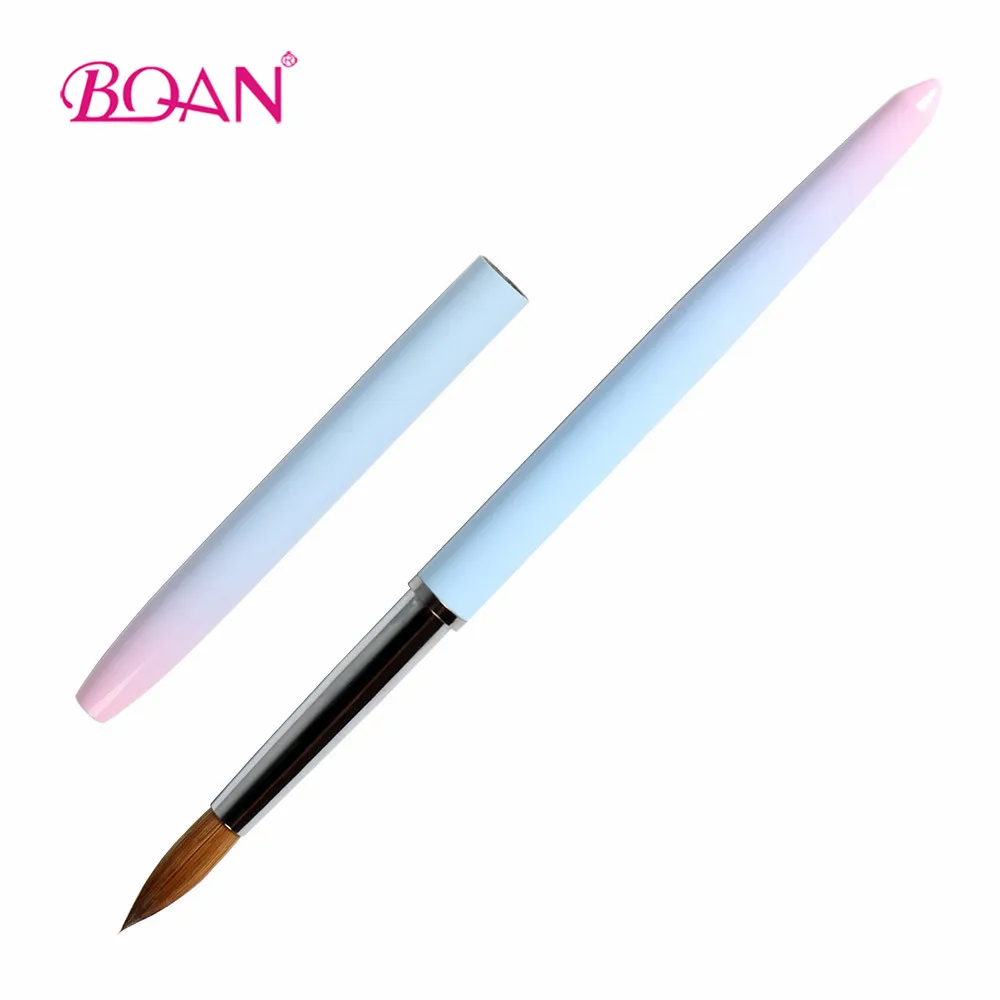 Newest custom logo baby blue and pink gradient metal handle #12 100% pure kolinsky nail acrylic nail brush with lids