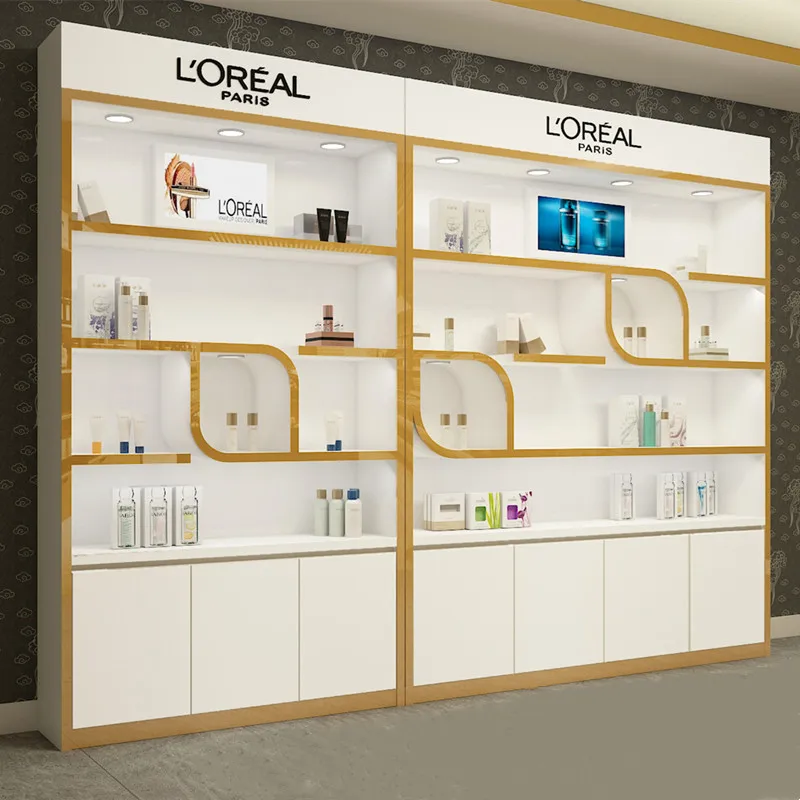 Customized White Cosmetic Store Shelves Fixtures Beauty Skincare Products Shop Wall Shelf Showcase With Led Light