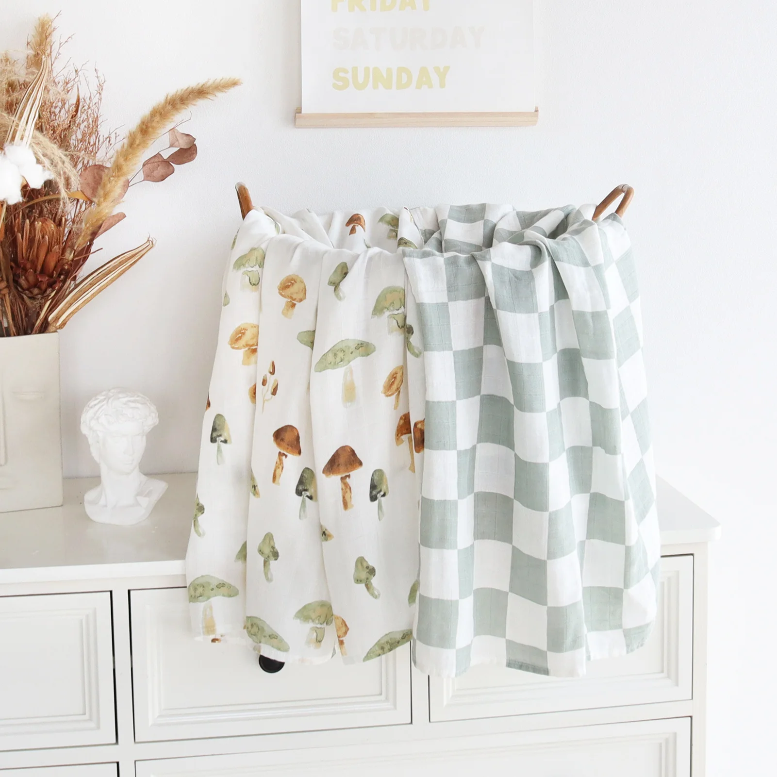 2024 Custom 2 Layers For Newborn Baby mushroom forest checkers Bamboo Cotton Baby Muslin Swaddle Warp Set