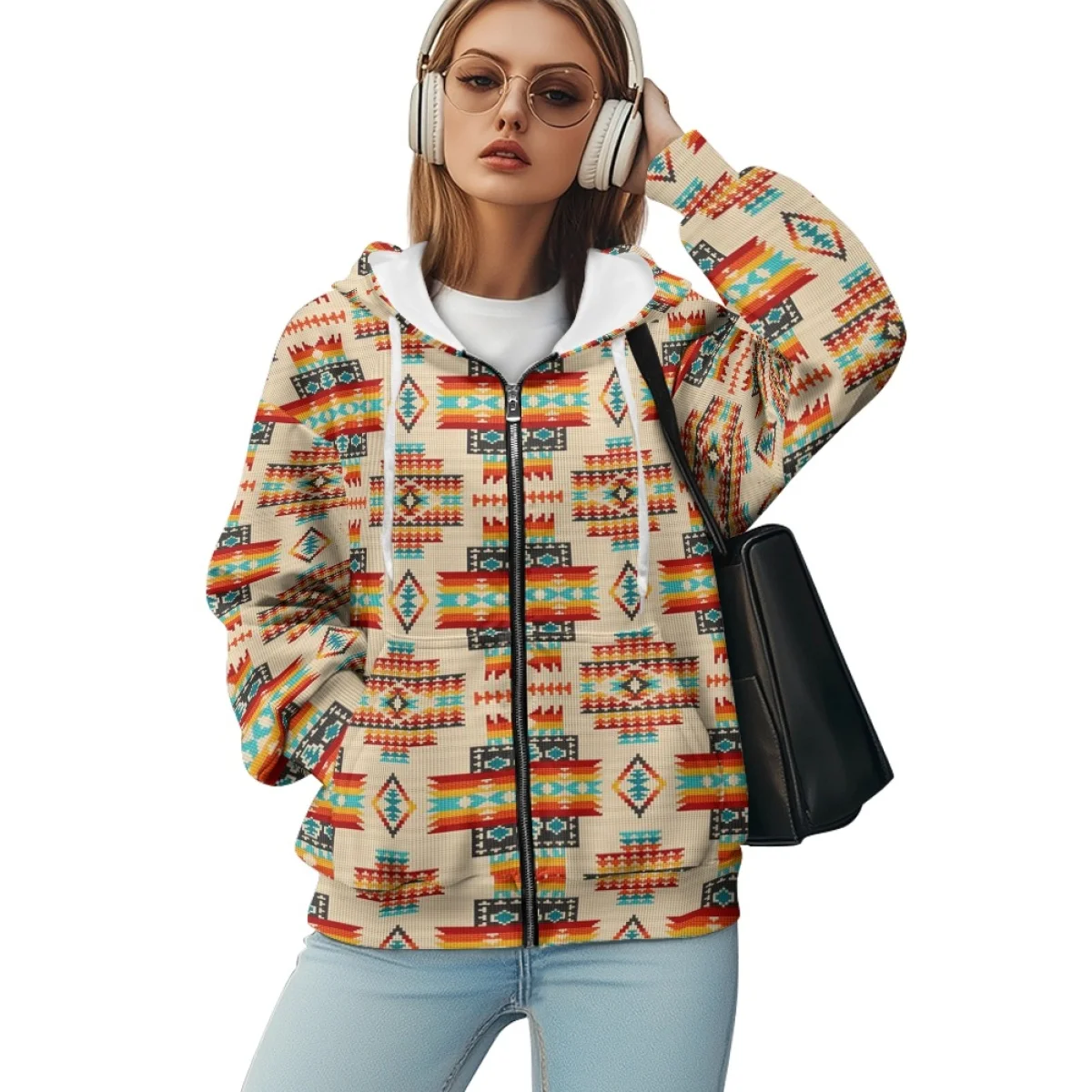 Custom Fall Season Zip-up Hoodie Print on Demand Women Navajo Tribe Aztec Pattern Fashion Sweatshirts Wholesale Bulk OEM