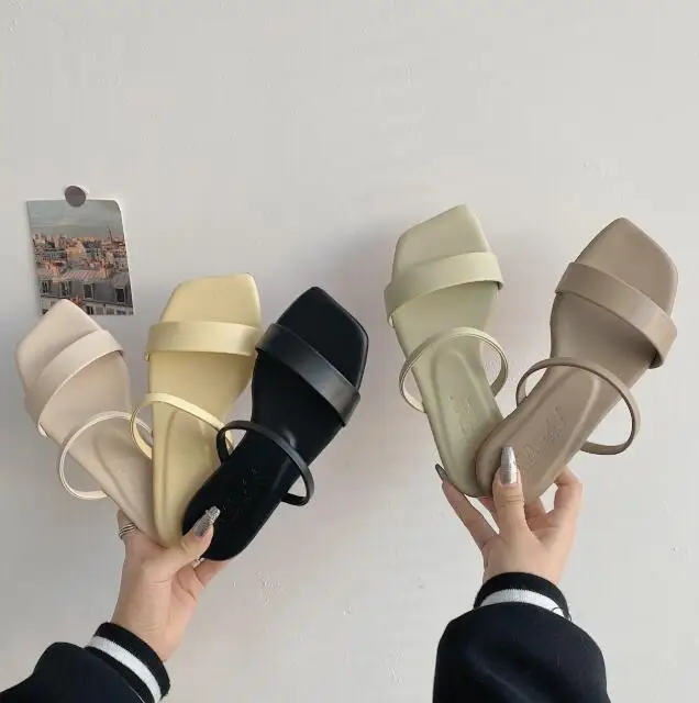 New simple design double strap solid color sendal wanita slippers women