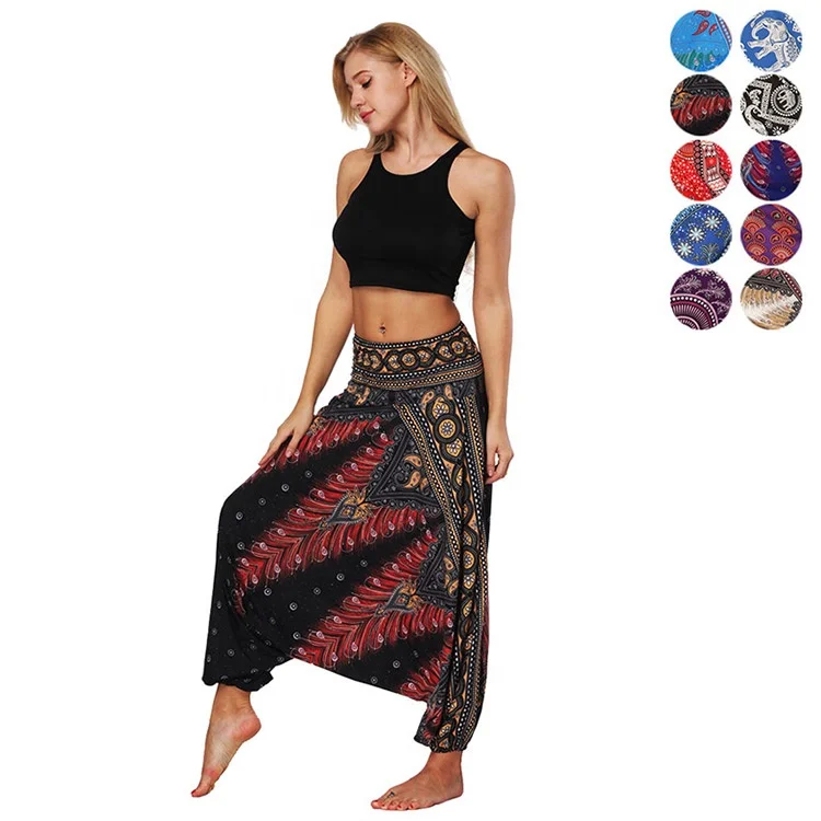 Amazon эластичные мешковатые Boho Aladdin с цифровым принтом повседневные Длинные шаровары для танцев, йоги, отдыха, спортивные свободные штаны для женщин, широкие брюки