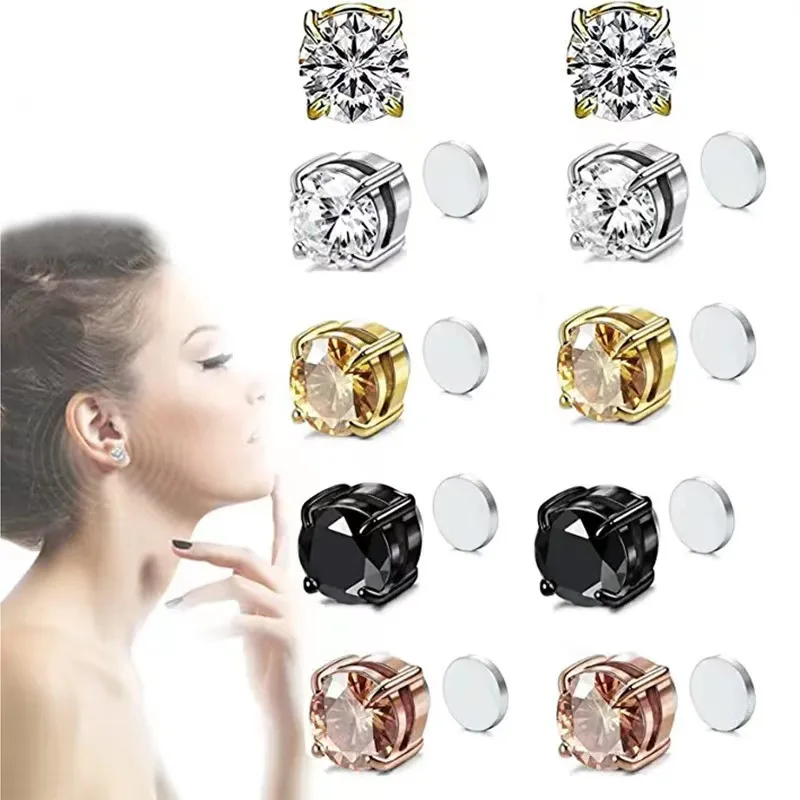 Strong Magnetic Ear Stud Clip Earrings for Women Men Punk Round Zircon Magnet Earrings Non Piercing Jewelry 1PC Crystal CLASSIC