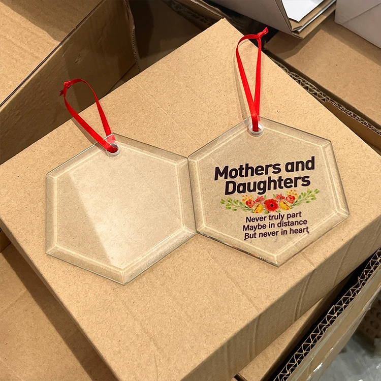 Clear Hexagonal Design Glass Christmas Tree Hanging Ornaments Sublimation Blank Custom Logo Christmas Ornament for Decoration