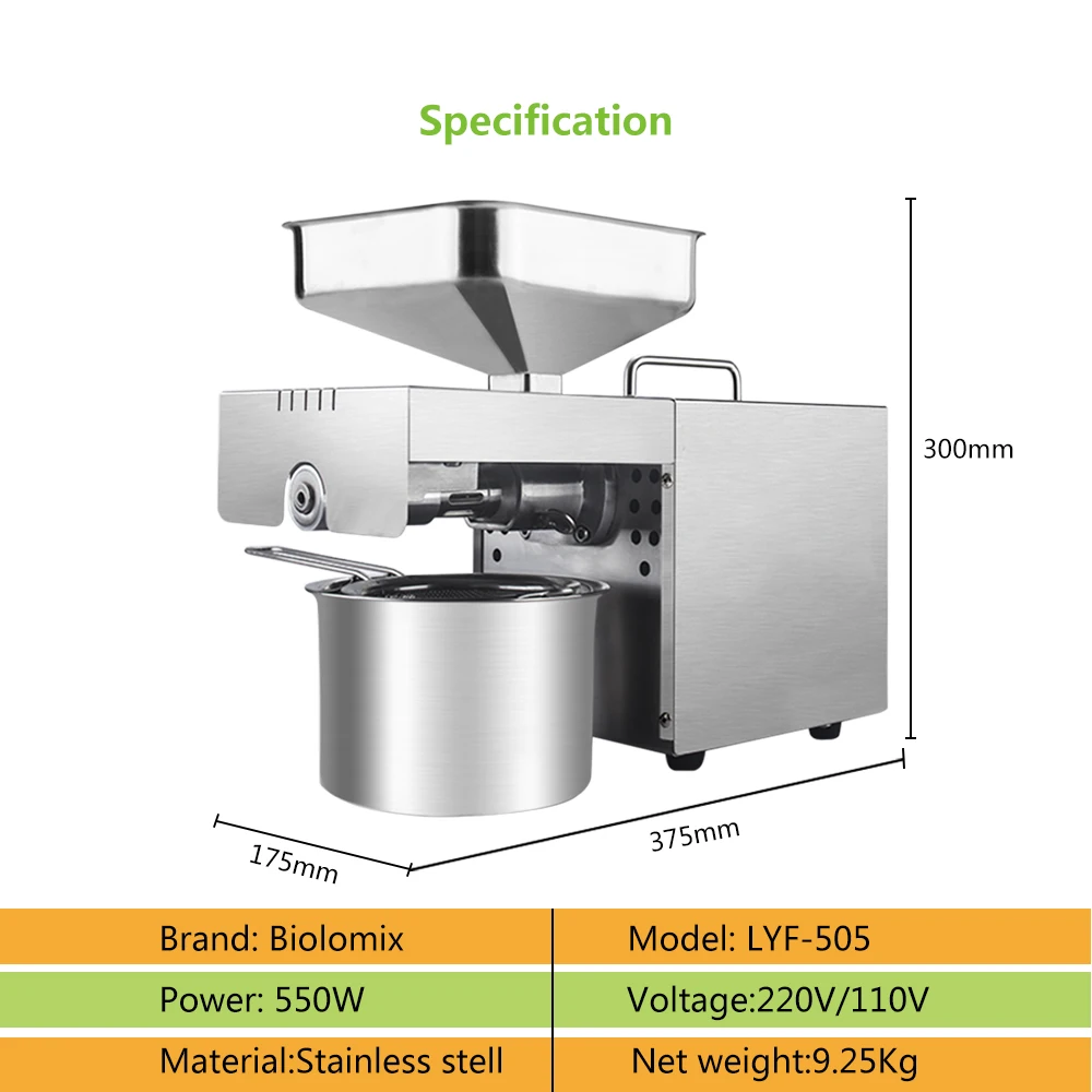 BioloMix New Stainless Steel Oil Press Machine Commercial Home Extractor Expeller Presser 110V or 220V