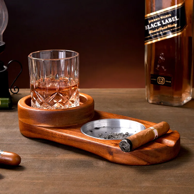Home Decor Reusable Natural Wood Whiskey Coasters Cup Mat A Set With Cigar Holder