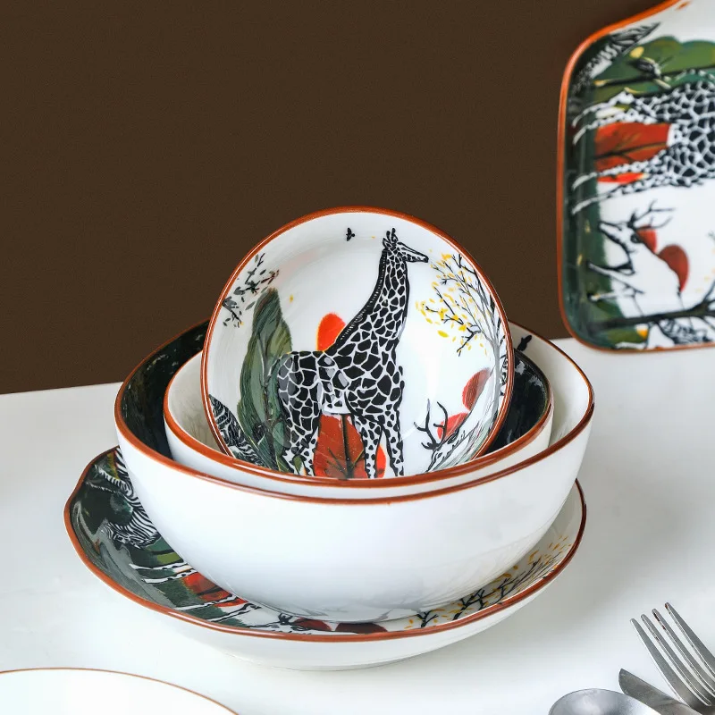 Unique zebra printed design porcelain bowls and plates ceramic luxury dinnerware sets for 6 people