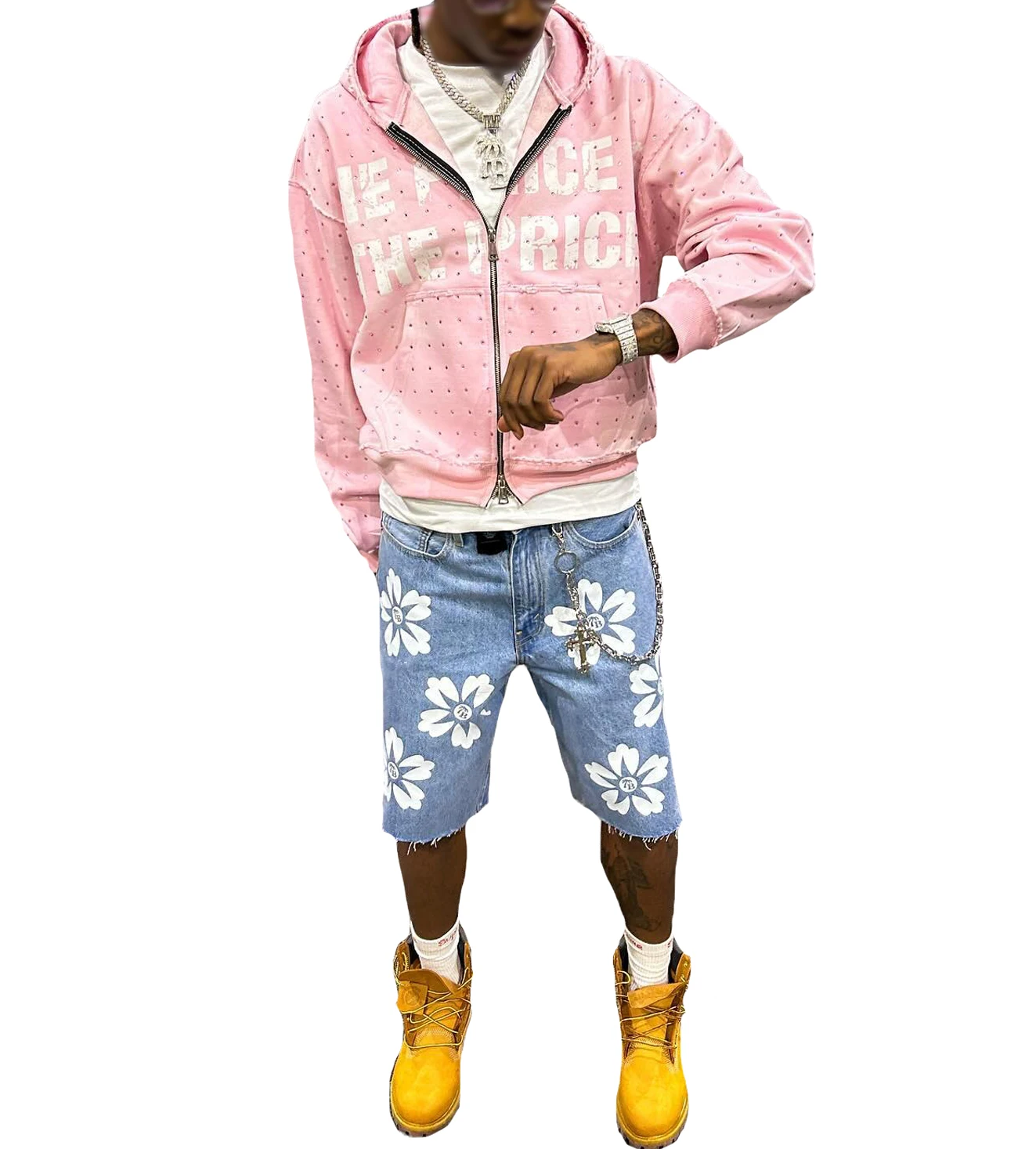 Custom Luxury Distressed French Terry Acid Wash Heavyweight Boxy Cropped Zip Up Rhinestone Hoodie Men