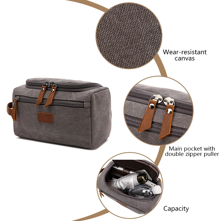 
Aosheng Custom Wholesale Black Shaving Dopp Kit Vintage Luxury Leather Canvas Pouch Men Travel Cosmetic Bag 