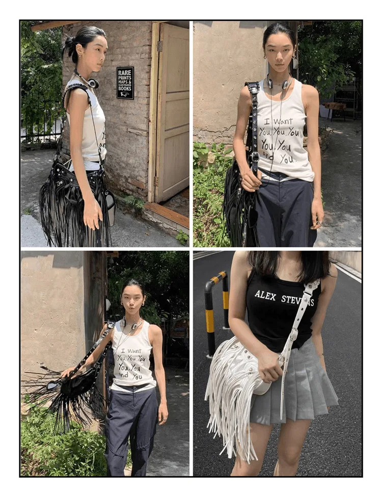 hot sale Fashion studded rivet biker sling bags designer luxury black fringe PU leather purse handbag women