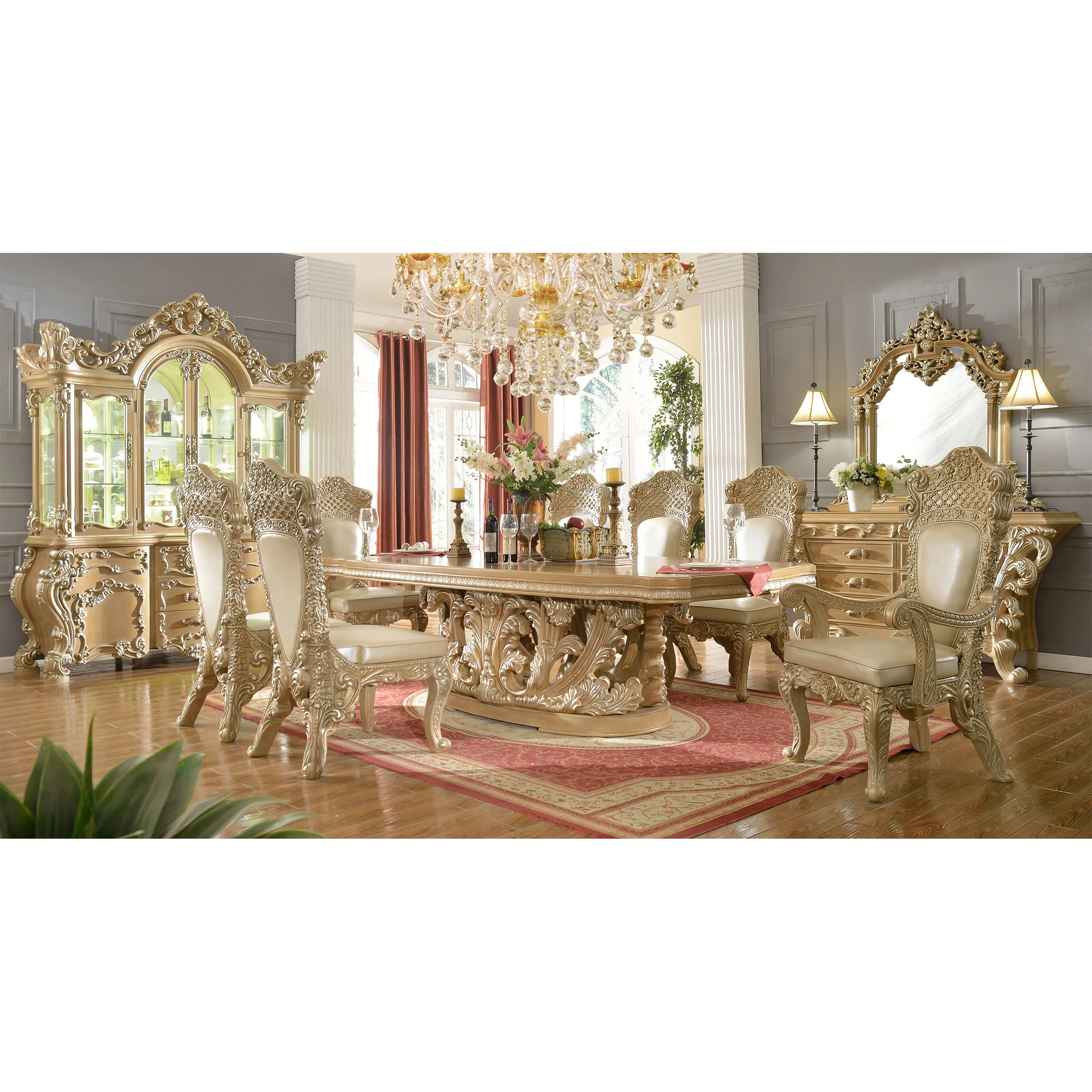 Grand Antique Oak Wood Special Design Long Dining Table With 6 Chairs For Luxurious Villa