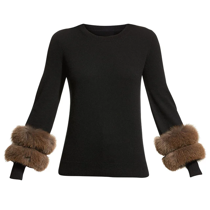 Fur-cuff cashmere crewneck sweater relaxed silhouette pullover style