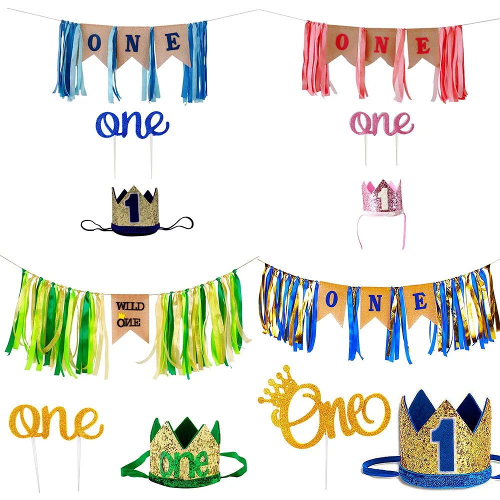 Baby 1st Birthday Boy Decorations with Crown High Chair Banner Cake Topper Party Supplies  Burlap Banner Set