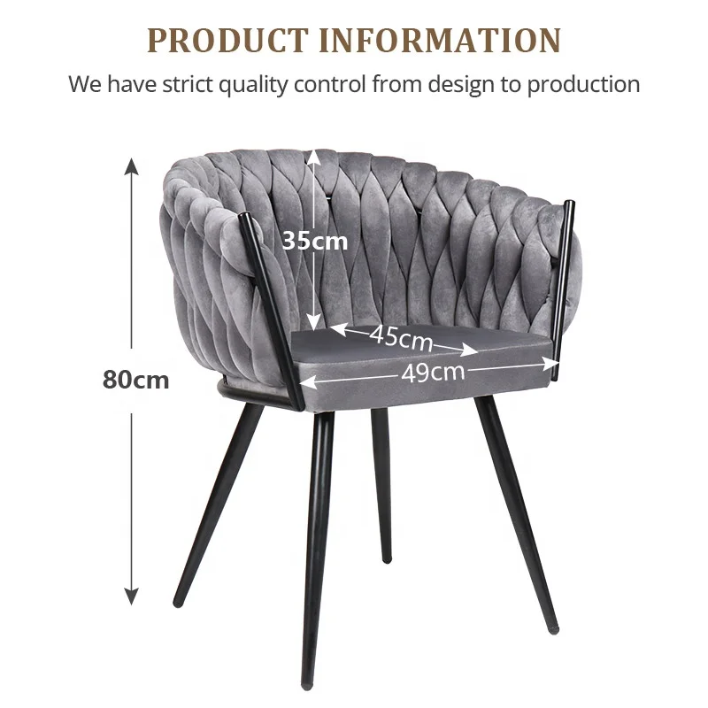 Factory Wholesale Morden luxury Gray Home soft cushioned backrest fabric armchair Velvet Dining room chair with metal legs