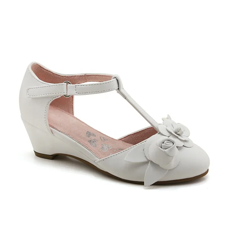 
easter shoe for girls wedge heel ankle strap white beautiful 3D flowers for girls shoes 