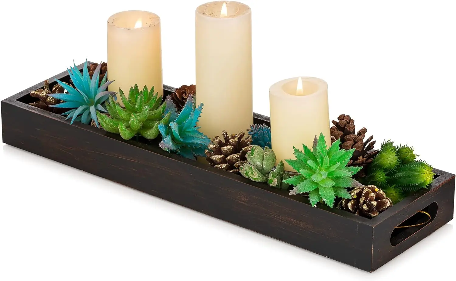 Wooden Decorative Serving Candle Holder Trays Rustic color with Cutout Handles