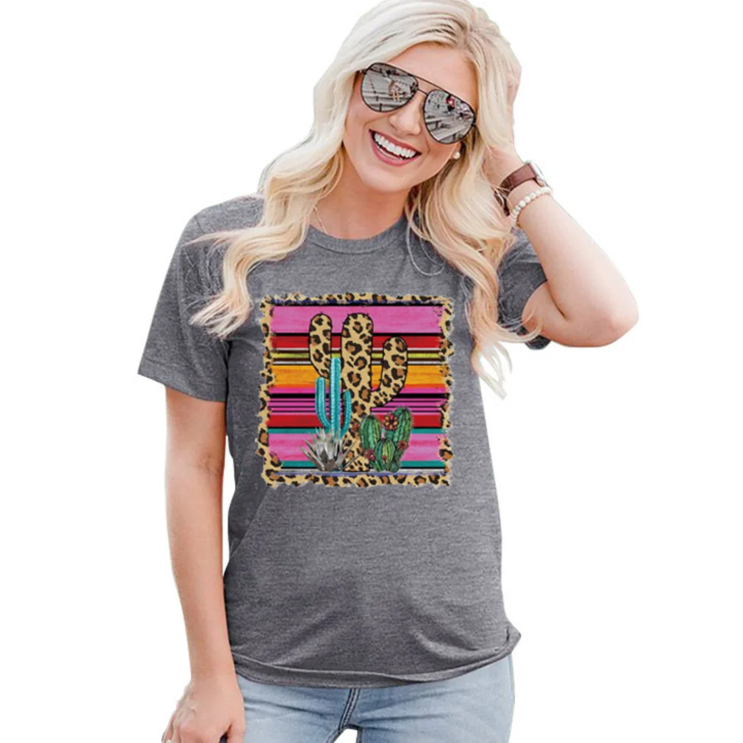 Женская футболка с коротким рукавом, Повседневная футболка с круглым вырезом и принтом кактуса, с леопардовым принтом, лето 2020