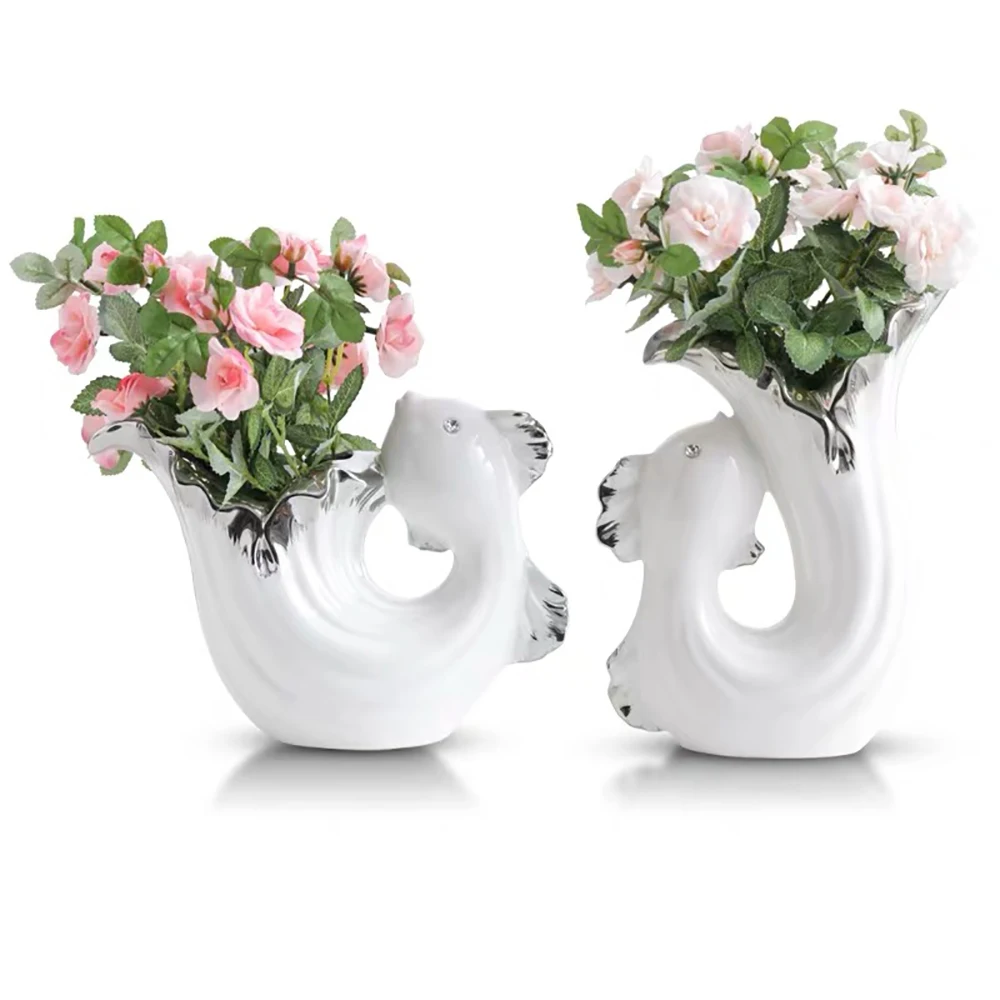 modern style  luxury fish shape vases silver plated black home decor Ceramic art water fish shape flower Vases